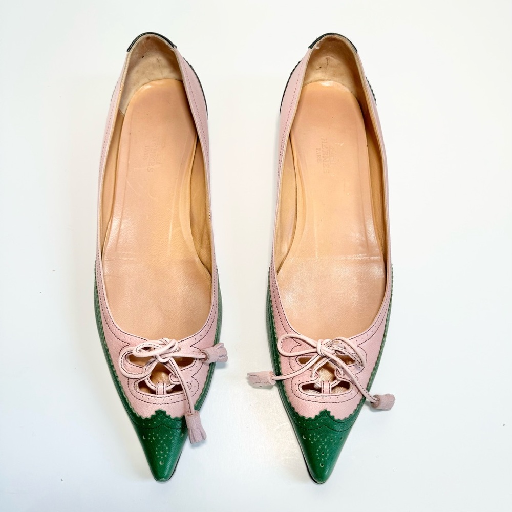 Hermès Tri-Color Pink, Green and Black Tassel Bow flats Sz 40